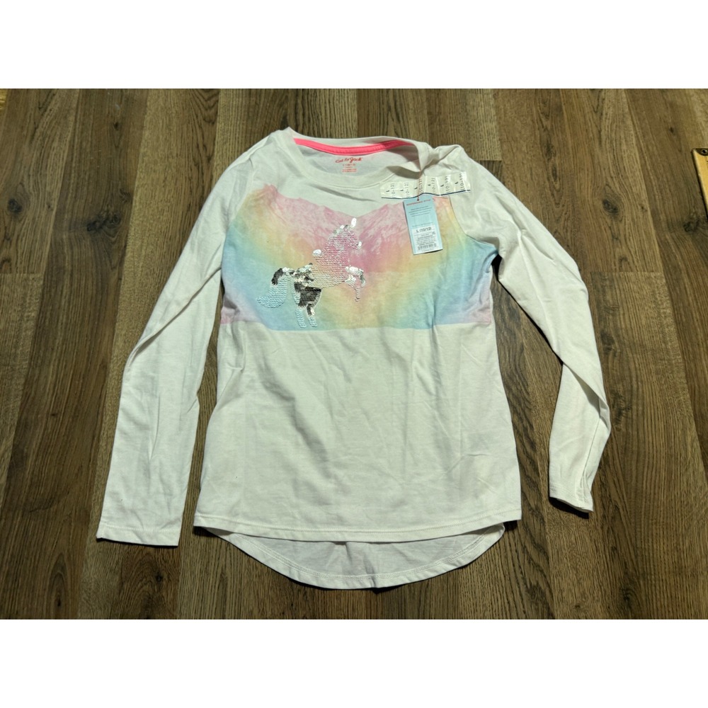 Cat & Jack Shirt Girls Size L 10/12 Almond Cream Unicorn Long Sleeve Sequin Top